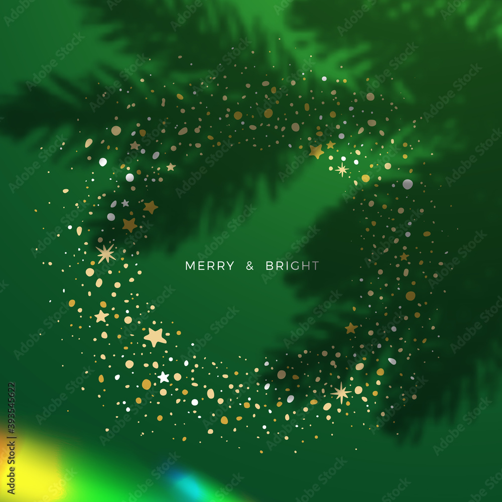 Poster celebration background with circle frame of dots and stars, rainbow bokeh and christmas tree shadow.