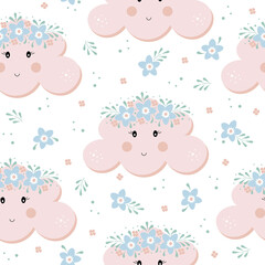 Baby pink cloud seamless pattern. Children vector illustration. Digital paper for kids. Floral theme. Baby shower decor.