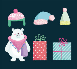 merry christmas, cute polar bear gifts and hats cartoon