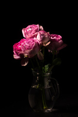 Bouquet of pink roses in a glass jug