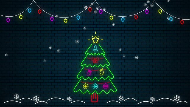 neon colorful merry christmas and happy new year concept wallpaper,decorated tree with balls and ornaments, snowfall and string lights,glove and sock and bell,illustration on a bark brick background