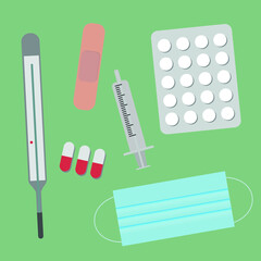 Pandemic of coronavirus (COVID-19). f Protective surgical mask, pills, medicina, quarantine.