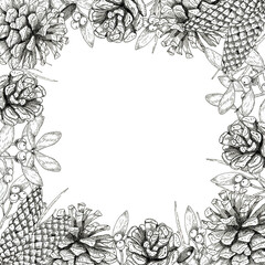 Decorative square frame with hand-drawn conifer cones, mistletoes, bells, bow and ribbon. Ink-drawn. Black and white design elements. Isolated on white. Copy space. 