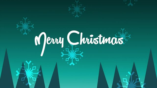 happy merry christmas lettering animation with pines forest and snowflakes