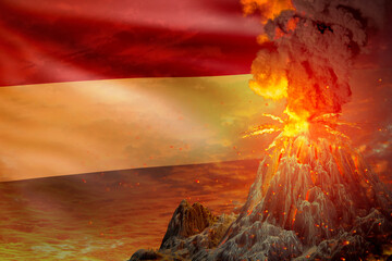 conical volcano eruption at night with explosion on Bolivia flag background, troubles because of disaster and volcanic ash concept - 3D illustration of nature