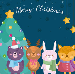 merry christmas, greeting card with bear fox deer rabbit with tree and stars