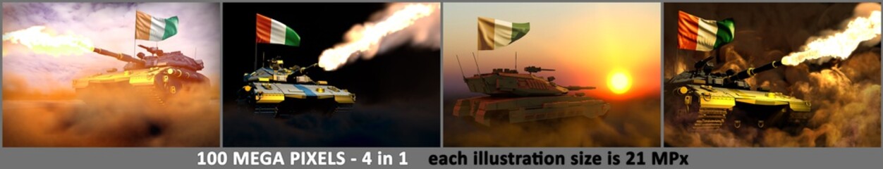 Fototapeta premium Cote d Ivoire army concept - 4 highly detailed images of modern tank with not existing design with Cote d Ivoire flag, military 3D Illustration