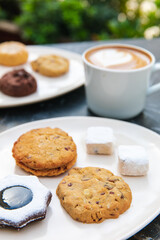Chocolate chip cookies and cup of espresso coffee for breakfast.