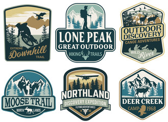 The great outdoor discovery adventure labels and patches vector collection