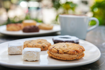 Chocolate chip cookies and cup of espresso coffee for breakfast.