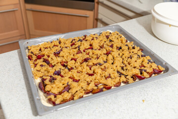 Closeup of a delicious plum pie cooking in the oven