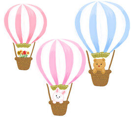気球にのったクマとウサギと花束
