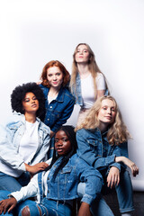 Fototapeta premium diverse multi nation girls group, teenage friends company cheerful having fun, happy smiling, cute posing isolated on white background, lifestyle people concept, african-american and caucasian