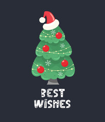 Naklejka premium Best wishes congratulatory phrase. Christmas tree with Christmas balls. Vector illustration