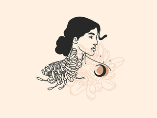 Hand drawn vector abstract stock flat graphic illustration with logo elements ,female with flowers and moon sacred line art icon in simple style for branding ,isolated on white background