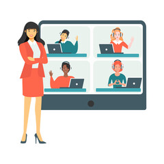 Professionals Teamwork Flat Vector Banner with Multinational Female Employees on Computer Monitor, Company Workers Communicating in Internet Illustration. Business Team Distant Work Concept