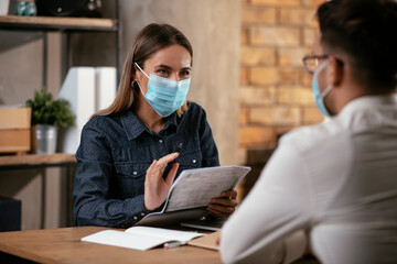 Fototapeta premium Job interview business meeting. Businessman and businesswoman in office.
