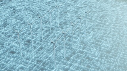 3D rendered image of a wind farm consisting of an array of wind turbines producing green energy to prevent global warming