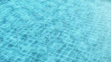 3D rendered image of a wind farm consisting of an array of wind turbines producing green energy to prevent global warming