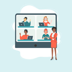 Professionals Teamwork Flat Vector Banner with Multinational Female Employees on Computer Monitor, Company Workers Communicating in Internet Illustration. Business Team Distant Work Concept