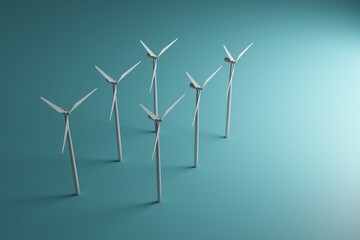 3D rendered image of a wind farm consisting of an array of wind turbines producing green energy to prevent global warming