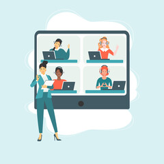 Professionals Teamwork Flat Vector Banner with Multinational Female Employees on Computer Monitor, Company Workers Communicating in Internet Illustration. Business Team Distant Work Concept