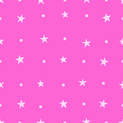 Seamless pattern with dots and stars on the pink background. Vector hipster background.