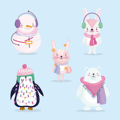 merry christmas, cute bear penguin snowman and rabbit with hat and scarf cartoon