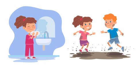 Good child washing face versus bad kids in mud. Boy and girl jumping in dirty puddle outdoor vs clean girl with soap at bathroom. Manners and behavior vector illustration