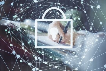 Double exposure of woman's hands writing with lock icon. Concept of security and protection of data