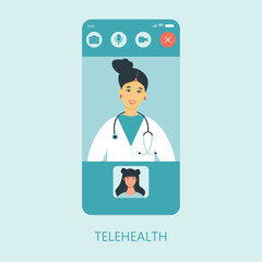 Virtual doctor app flat vector illustration. Mobile consultation, smart medical assistance. Modern telemedicine, eHealth concept, telehealth, Coronavirus Covid-19, quarantine motivational poster.
