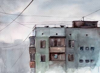Multi-storey building, panel building, balconies, house windows, wires, gray sky, rainy weather, watercolor illustration, clothes drying on ropes, slums.