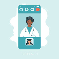 Virtual doctor app flat vector illustration. Mobile consultation, smart medical assistance. Modern telemedicine, eHealth concept, telehealth, Coronavirus Covid-19, quarantine motivational poster.