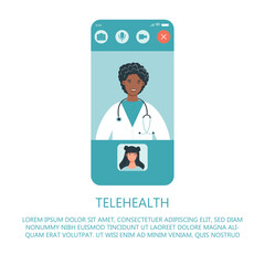 Virtual doctor app flat vector illustration. Mobile consultation, smart medical assistance. Modern telemedicine, eHealth concept, telehealth, Coronavirus Covid-19, quarantine motivational poster.