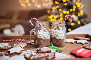 Christmas treats, marshmallows in a jar, cookies, painted gingerbread, sweets, new year, Christmas lights bokeh