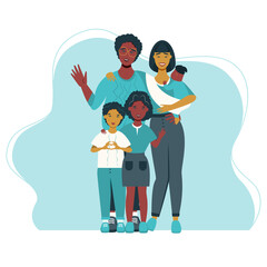 Happy international family with kids -family health and wellness -modern flat vector concept digital illustration of a happy family of parents and children