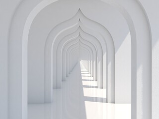 Empty long corridor with sunlight and shadow. White tunnel background. 3D Rendering