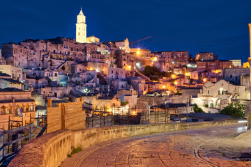 Naklejka premium Blue Hour in Matera, a Unesco World Heritage site in Italy