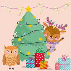 merry christmas, reindeer owl with gift and tree cartoon