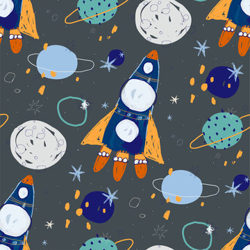 Space vector seamless pattern illustration of hand-drawn colorful rocket with planet and star. 