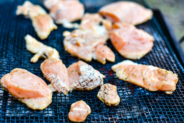 The raw meat lies on an iron mesh and is ready to be fried.