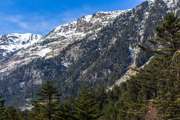 Peaceful nature view of Gaube Valley with amazing snow-capped mountain range background in the French Pyrenees, in the department of the Hautes-Pyrénées, near the town of Cauterets, France.
