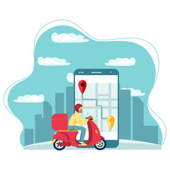 Scooter with delivery man flat vector cartoon character. Fast courier. Restaurant food service, mail delivery service, a postal employee the determination of geolocation using electronic device
