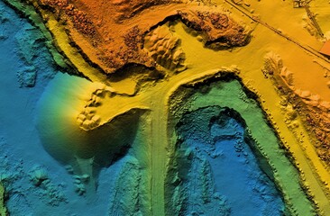 Digital elevation model. GIS product made after proccesing aerial pictures. It shows excavation site with steep rock walls that was mapped from a drone	 - obrazy, fototapety, plakaty
