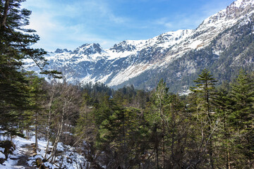 The Nets Peak and Soum de la Heougade, viewed from the ski resort Pont d'Espagne in the French Pyrenees, in the department of the Hautes-Pyrénées, near the town of Cauterets, France.