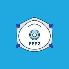 FFP2 respirator face mask. Corona virus or dust protection. Color icon on blue background. Respiratory protective device, filtration of airborne particles. Vector illustration, flat, outline, clip art