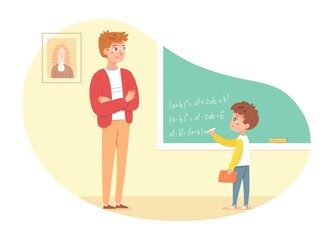 Man teaching maths lesson in class, boy answering at blackboard. Teacher in education vector illustration. Young man standing, student writing formula in mathematics class