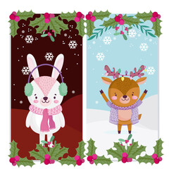 merry christmas, cute reindeer and rabbit with scarf lights and holly berry greeting cards