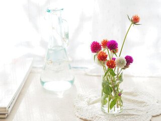 Obraz na płótnie Canvas 水に挿したセンニチコウの花