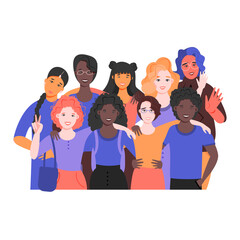 Multicultural group of people is standing together. Team of colleagues, students, happy men and women. Multinational society. Friendship, teamwork and cooperation. Vector flat illustration.